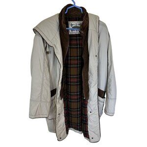 Vtg Womens Ranch Coat Cotton Large Tan Plaid Lining Otello Pelle Pockets Zip Up